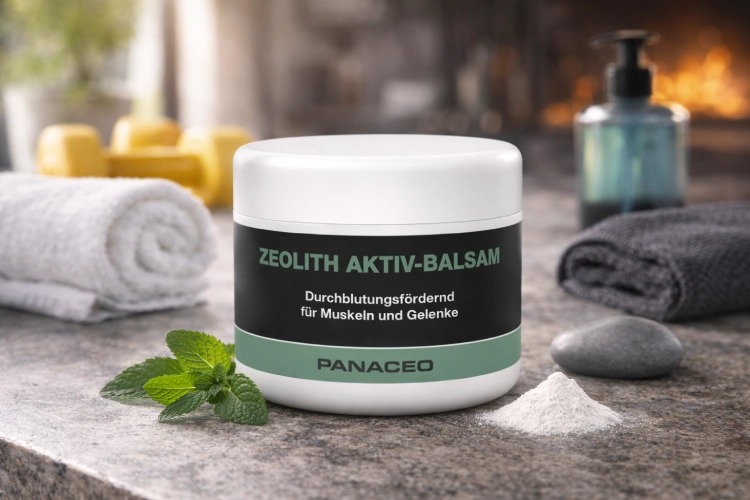 Zeolith-Balsam zur Unterstützung von Hautpflege, Regeneration und Wohlbefinden Dose mit Zeolith-Aktiv-Balsam auf Steinoberfläche mit Handtüchern, Kräutern und Spa-Elementen in entspannter Umgebung