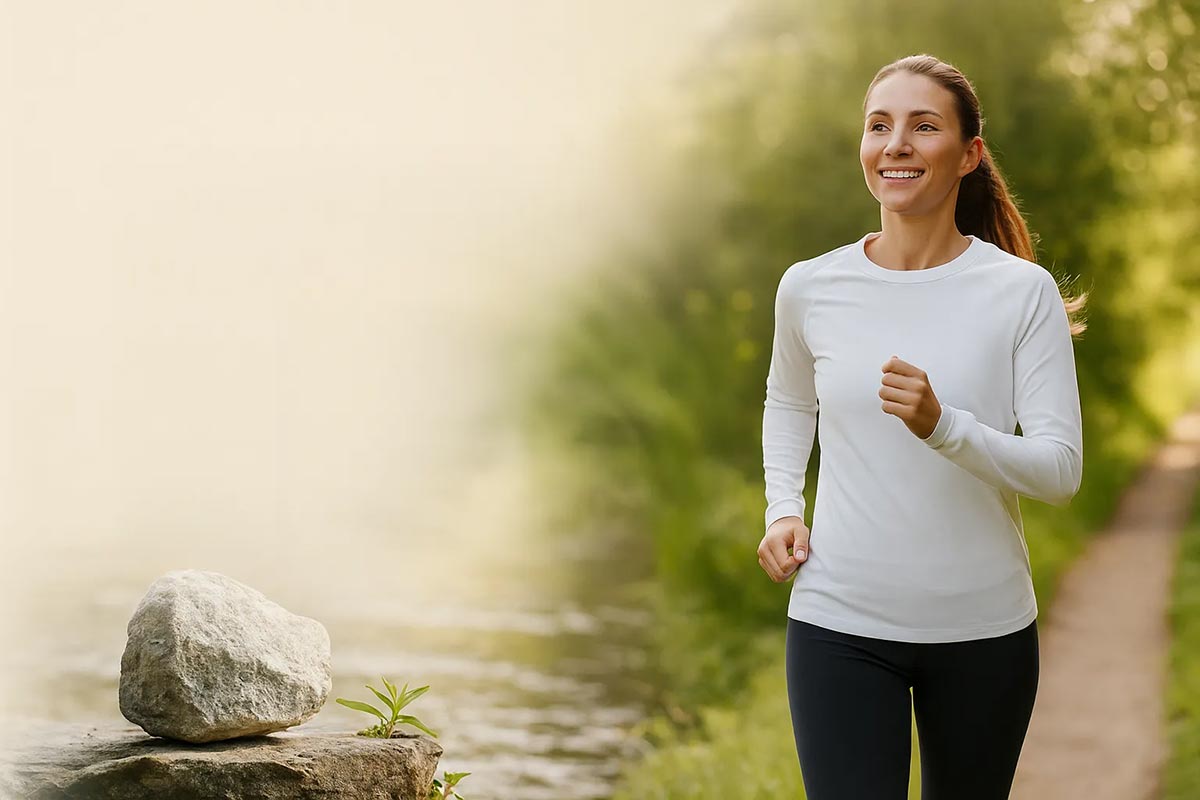 Natürlich gesund und voller Energie – mit PMA-Zeolith für Deine Darmgesundheit Eine sportliche Frau joggt im Grünen. Symbol für natürliche Gesundheit, Energie und Darmwohl durch PMA-Zeolith.